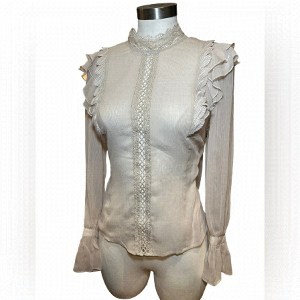 Sheer blouse, lace detail, laser cut, bell sleeve